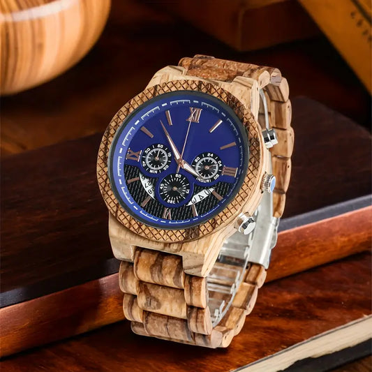 Wooden Day Date Watch Blue Dial